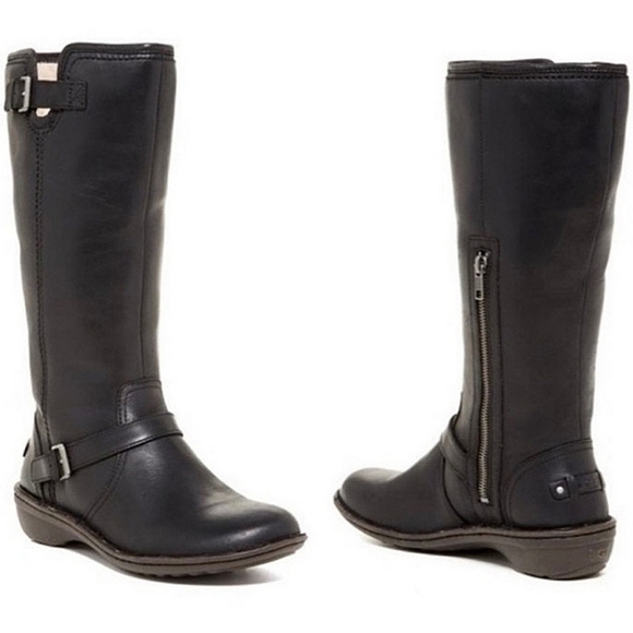 VGUC Ugg Tupelo Black Leather Riding Moto Sheepskin Boots Women 7 - Picture 1 of 16
